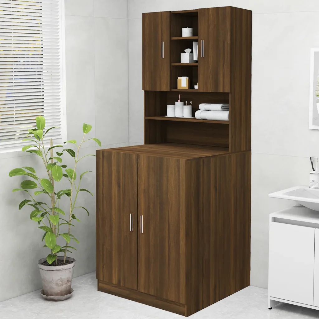 Meuble armoire pour cacher machine à laver et sèche-linge en bois marron avec rangement 70,5×25,5×90 cm